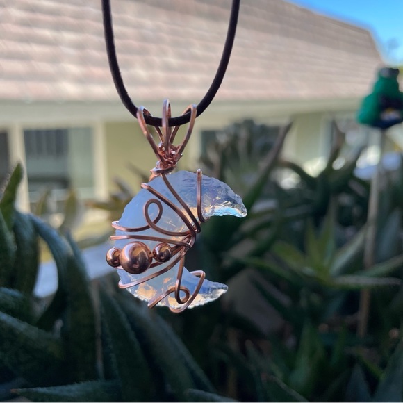 Genuine Opalite Crescent Moon Copper Wrap Leather Cord Boho Style - Picture 7 of 17